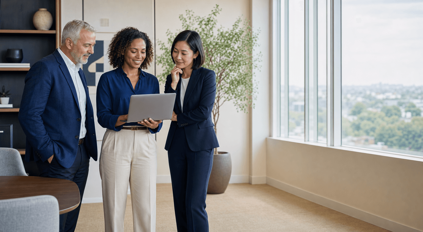 Three professionals in a sunlit office reviewing a laptop together