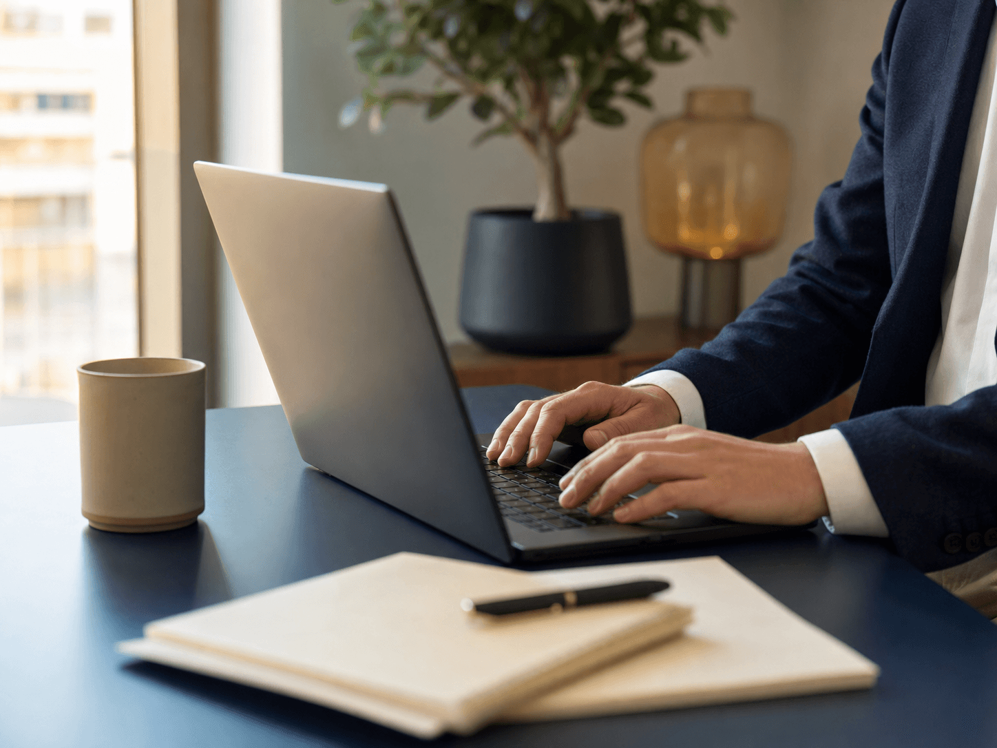 A professional typing a message on a laptop at a calm, well-lit desk with a notebook and mug